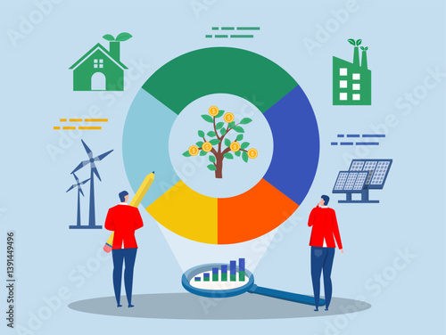 Research and development,business man look at magnify market data chart and graph for ESG or ecology problem concept; business invest energy sources. Preserving resources of planet