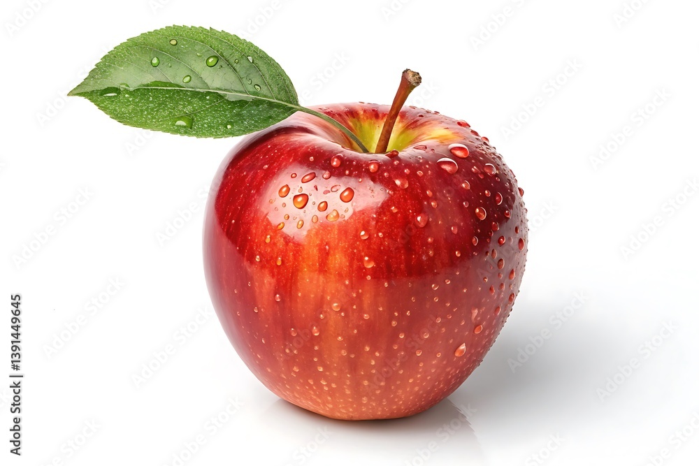 Fresh Red Apple with Leaf and Water Droplets Isolated on White Background Fresh Red Apple with Leaf and Water Droplets Isolated on White Background