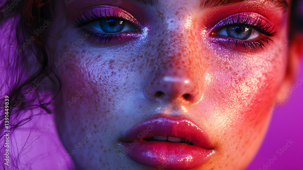 Close-Up Artistic Portrait of Freckled Face with Vibrant Neon Makeup
