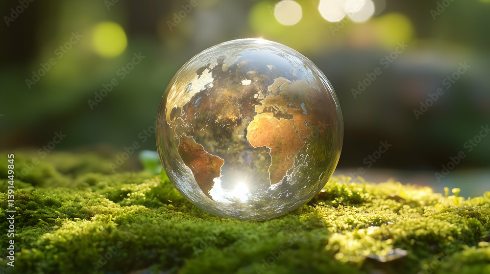 Glass Earth Sphere on Moss in Forest Light – Eco Concept