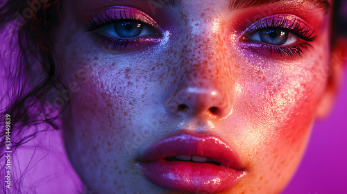 Obraz na płótnie Close-Up Artistic Portrait of Freckled Face with Vibrant Neon Makeup w salonie