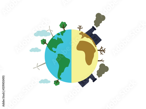 Split Earth showing green land with trees and windmills on one side, and damaged land with factories and dry trees on the other
