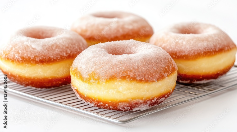 Freshly frosted donuts on a wire rack. Close-up view of four sugared, golden-brown donuts. The glistening sugar coating adds a sweet touch to the soft, fluffy, and delicious baked treats Freshly frosted donuts on a wire rack. Close-up view of four sugared, golden-brown donuts. The glistening sugar coating adds a sweet touch to the soft, fluffy, and delicious baked treats