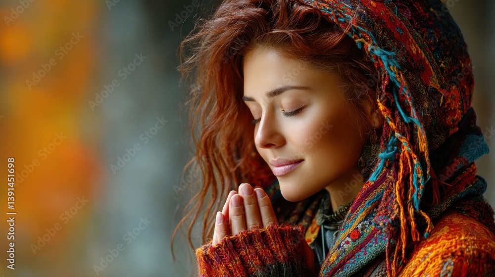 Close up portrait of a serene redheaded woman in a vibrant patterned scarf peacefully contemplating the natural autumn setting around her Close up portrait of a serene redheaded woman in a vibrant patterned scarf peacefully contemplating the natural autumn setting around her