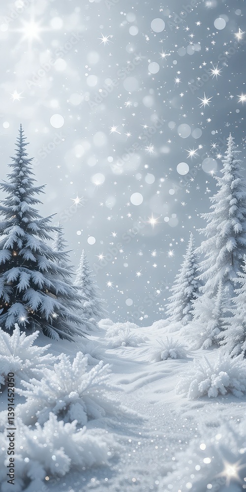 Obraz premium A serene winter landscape featuring tall evergreen trees blanketed in fresh, powdery snow, with delicate snowflakes gently falling from a gray sky, creating a tranquil atmosphere.