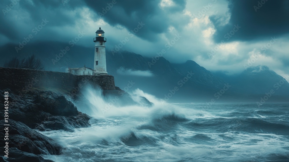 White lighthouse stands against the storm, waves crash the shore. Evokes resilience, guidance, or the raw power of nature. White lighthouse stands against the storm, waves crash the shore. Evokes resilience, guidance, or the raw power of nature.