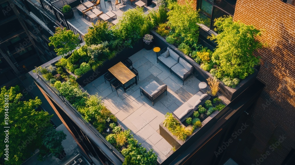 A vibrant rooftop garden showcases various plants and cozy seating arrangements under the bright midday sun in an urban environment