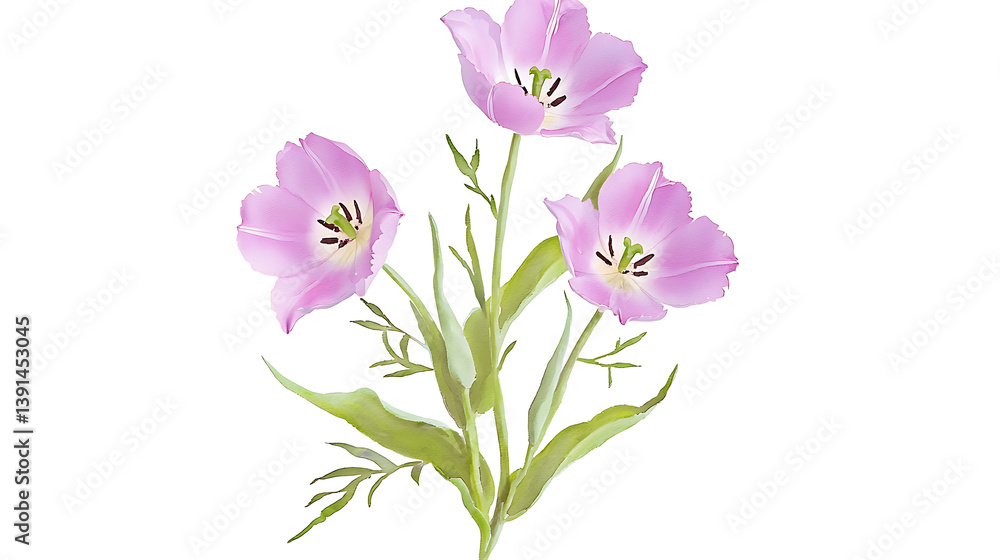A close up of three pink flowers with green stems A close up of three pink flowers with green stems