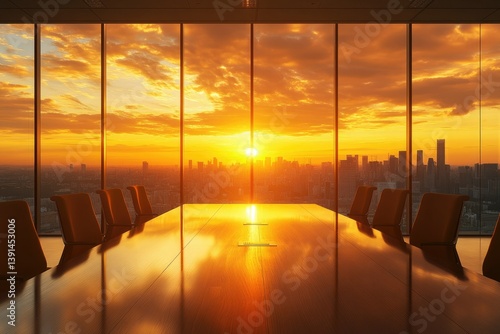 Conference room with large windows overlooking a city skyline bathed in a vibrant, orange sunset. Business meeting concept with stunning view.