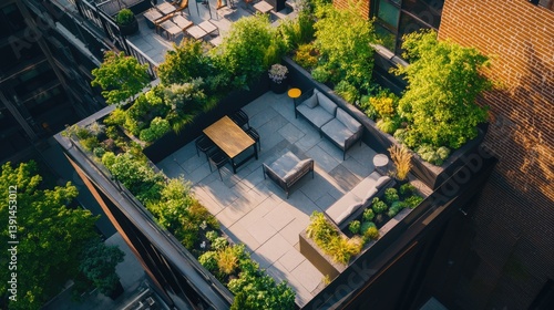 Obraz na płótnie A vibrant rooftop garden showcases various plants and cozy seating arrangements under the bright midday sun in an urban environment w salonie