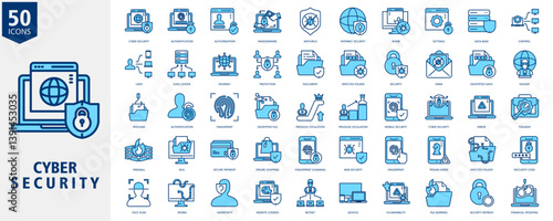 Cyber Security Icon Set Outline blue Style with cyber security, authentication, authorization, ransomware, antivirus, internet security, bomb, settings, data base and control
