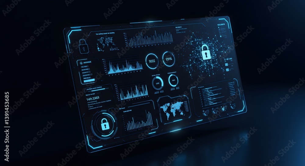 Fototapeta premium A futuristic AI cybersecurity dashboard that delivers real-time insights to detect and neutralize digital threats immediately