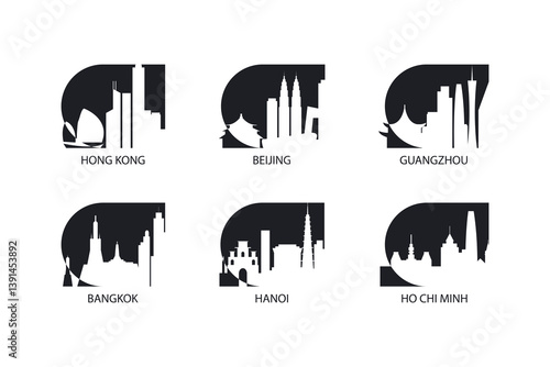 asia logos 3 Asia cities icon pack: Hong Kong, Beijing, Guangzhou, Bangkok, Hanoi, Ho Chi Minh skylines. Vector logo set for badges, web design for China, Vietnam, Thailand