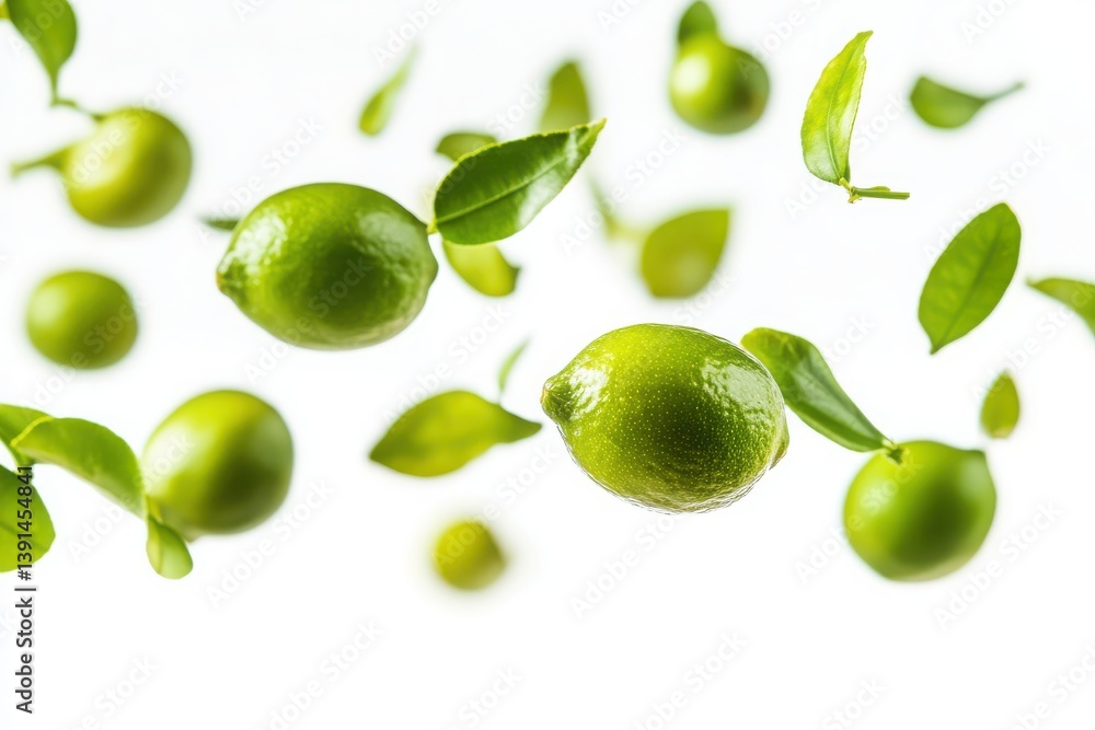 Flying 7 pieces lime fruits isolated on white background Flying 7 pieces lime fruits isolated on white background