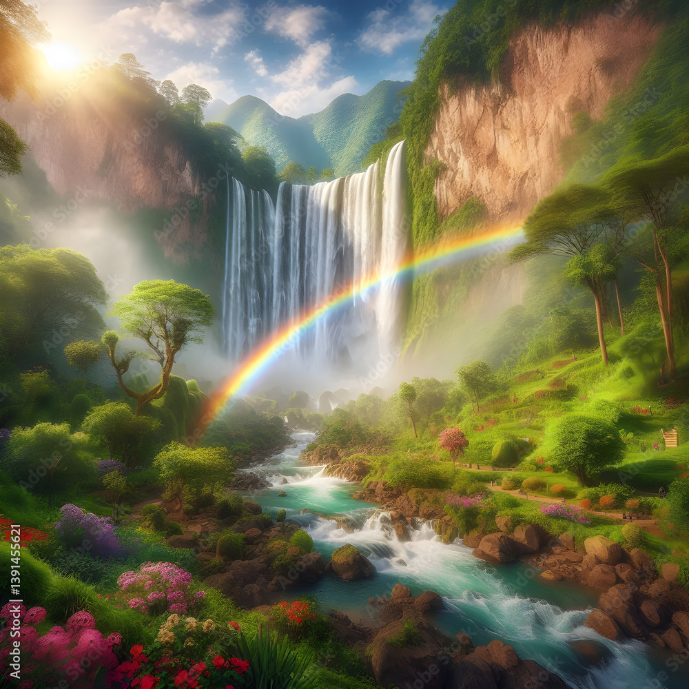 Majestic waterfall cascading into turquoise river with rainbow and lush vegetation Majestic waterfall cascading into turquoise river with rainbow and lush vegetation