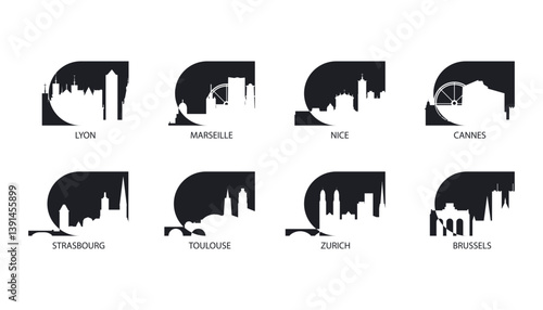 Europe cities icon pack: Lyon, Marseille, Cannes, Strasbourg, Toulouse, Zurich, Brussels skylines. Vector logo set for badges, web design