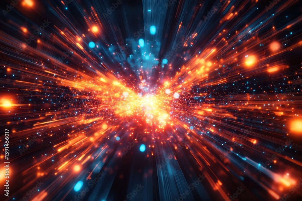 Fototapeta premium Energetic burst of red, orange, and blue light streaks. Show the speed of data, technology, or a hyperdrive.