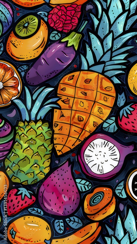 Vibrant Fruit Pattern with Pineapples Strawberries and Tropical Elements on Dark Background Featuring Oranges Bananas and Dragon Fruits Vibrant Fruit Pattern with Pineapples Strawberries and Tropical Elements on Dark Background Featuring Oranges Bananas and Dragon Fruits