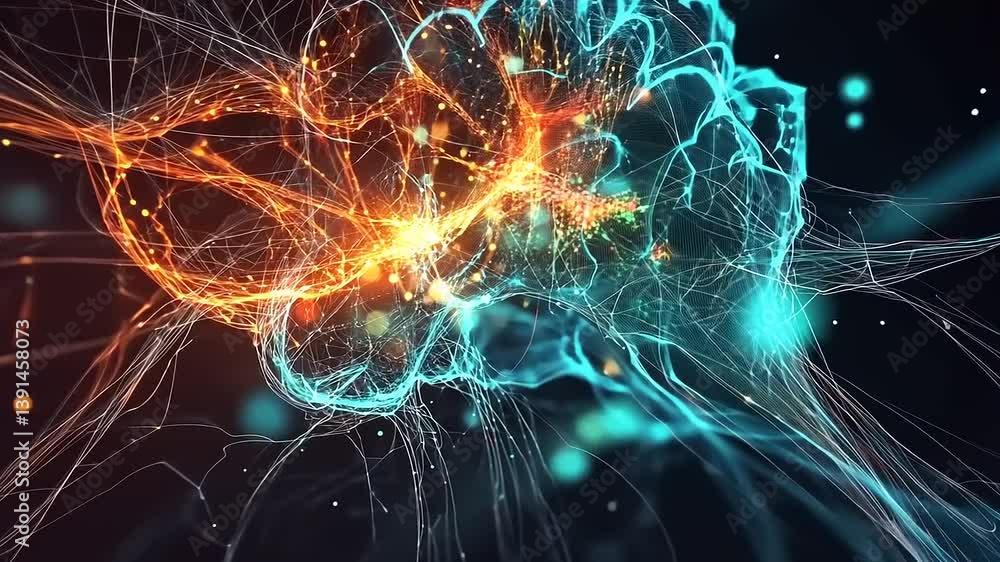 Abstract visualization of a neural network representing brain activity with glowing nodes and connections Abstract visualization of a neural network representing brain activity with glowing nodes and connections