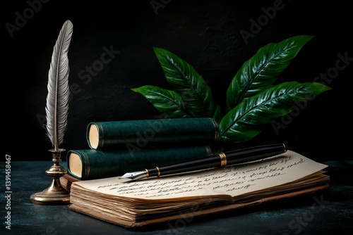 A quill pen resting on an antique desk beside a stack of parchment filled with handwritten prose