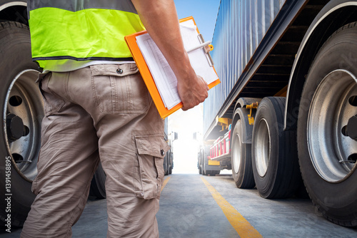 Truck Drivers Holding Clipboard to Check Truck Tires. Semi Truck Tractor, Big rig. Inspector Mechanic, Maintenance Safety Checklist, Inspecting Safety Driving. Freight Logistics Truck Transportation.	