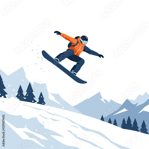 Snowboarder jumping in winter mountains background  