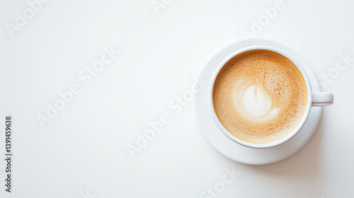 Cup of cappuccino on a white background, top view, copy space.