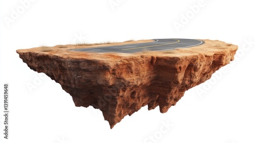 Isolated floating island with asphalt road showcases geological formations
