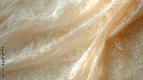 Beige lace fabric texture with folds.