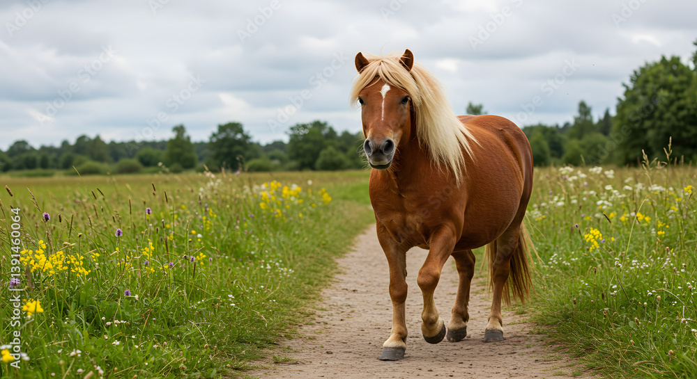 A playful brown pony with a flowing blonde mane trots along a dirt path A playful brown pony with a flowing blonde mane trots along a dirt path