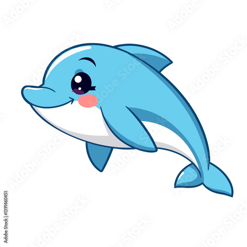 A cute, light blue cartoon dolphin with big eyes and a smiling expression, representing marine life, playfulness, and the ocean.