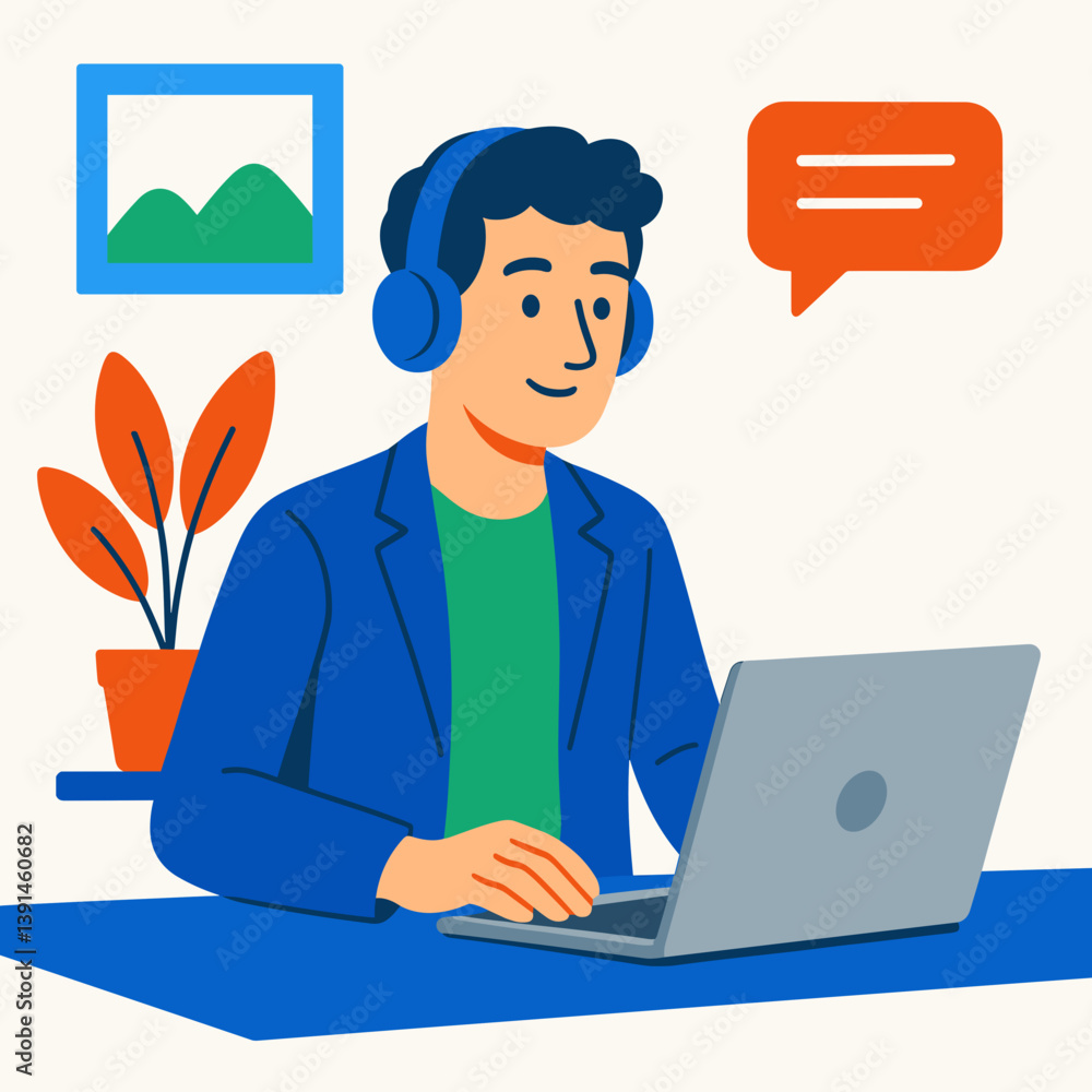 Remote employee working happily at a desk with plants Remote employee working happily at a desk with plants