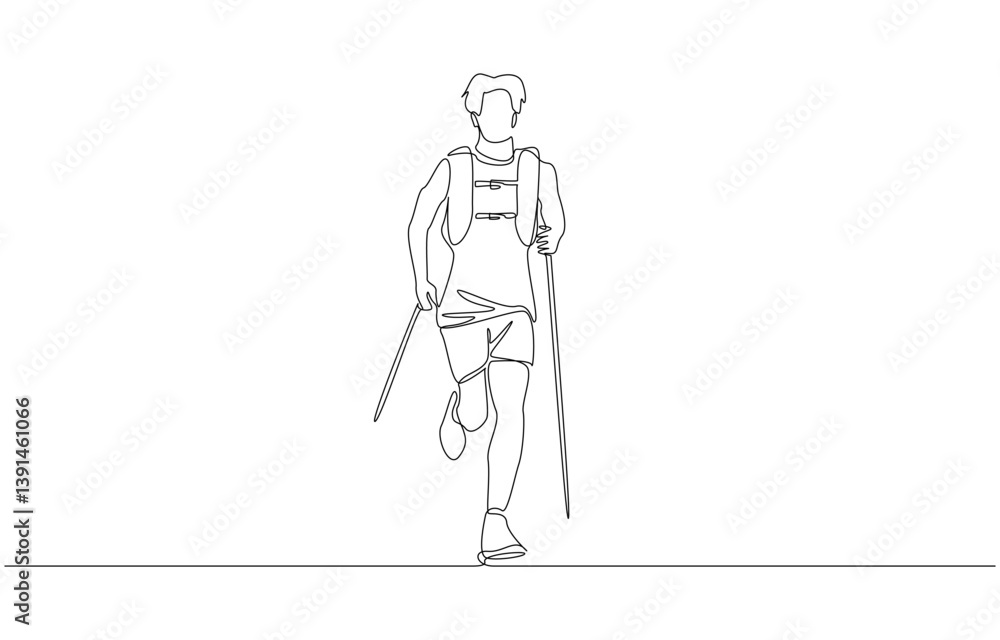 Continuous one line drawing of trail runner running with poles, trail running concept, single line art Continuous one line drawing of trail runner running with poles, trail running concept, single line art