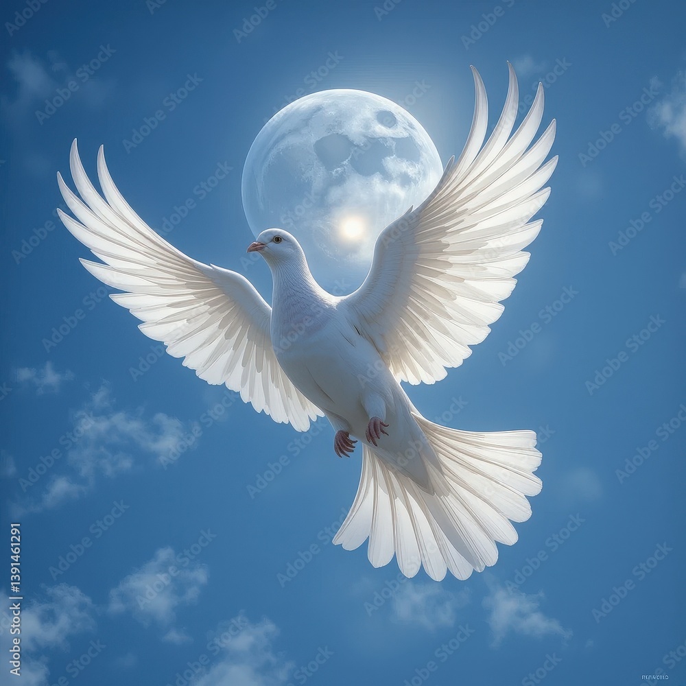 Fototapeta premium A graceful white dove soars through a clear blue sky, its wings fully extended, showcasing delicate feathers. The sunlight glints off its pristine plumage, embodying peace and freedom.