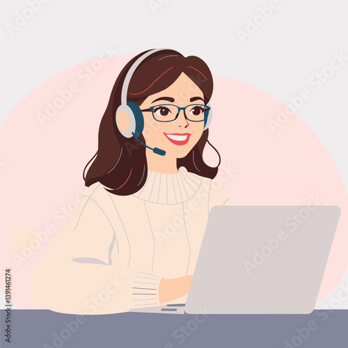 A cartoon illustration of a smiling woman with glasses and brown hair wearing a headset and working on a laptop