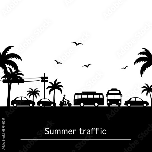 Summer traffic silhouette with palm trees and vehicles  