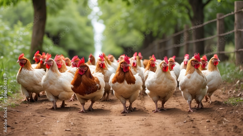 Fototapeta premium A large flock of red and white hens is walking along a dirt path with greenery on both sides.