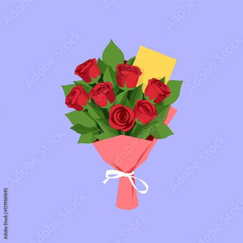A bouquet of red roses wrapped in pink paper and tied with a white ribbon, with a small yellow card. Represents love, romance, gifts, or celebrations.