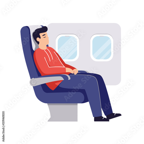 Man Sleeping in Airplane Seat Against Window Background  