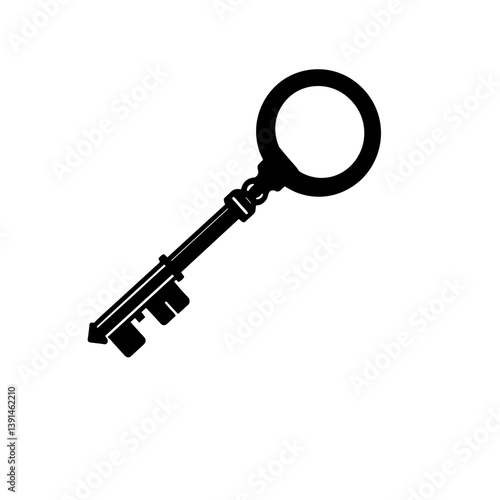 A classic, simple black silhouette of an old-fashioned key, often symbolizing access, security, secrets, or solutions.