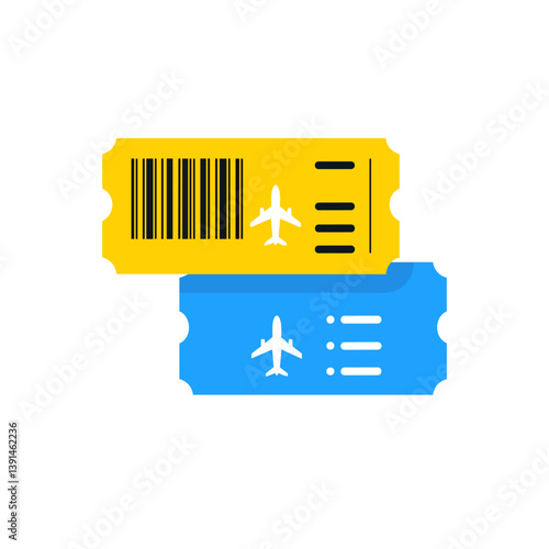 Two colorful airplane tickets with barcodes and airplane icons, representing travel, flight booking, and the anticipation of a journey.