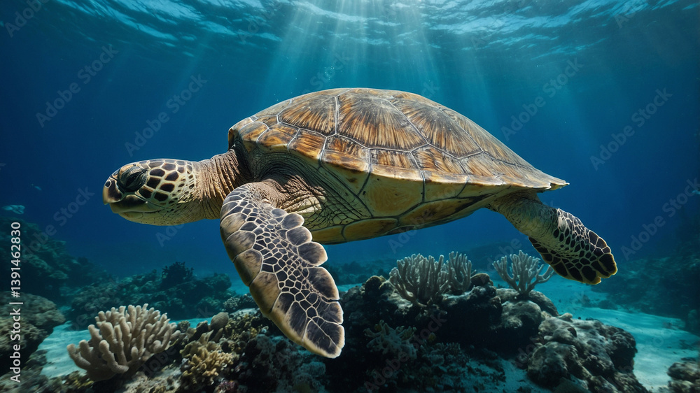 Fototapeta premium Majestic Sea Turtle Gliding Gracefully Through Clear Turquoise Ocean Waters Habitat
