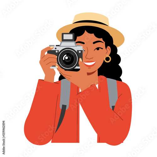 Traveler Smiling with Camera against a Bright Background  