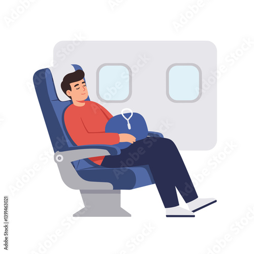 Man Sleeping Comfortably on Airplane Seat  
