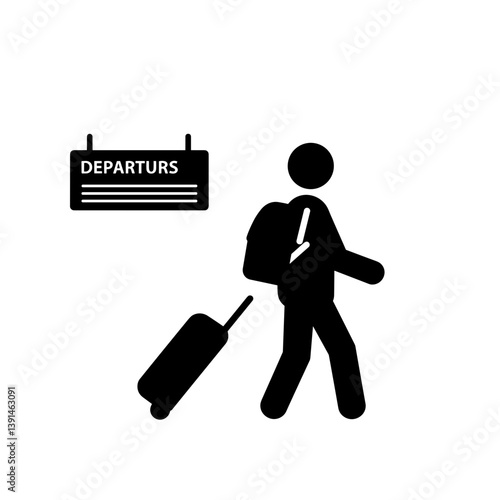 Traveler with Luggage Heading to Departures Sign  