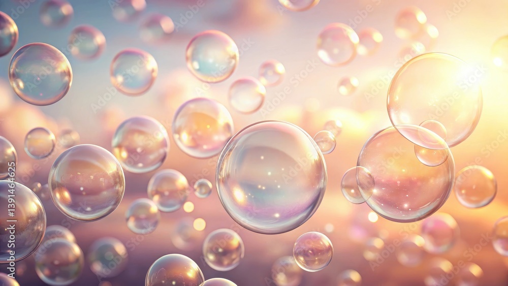 Naklejka premium Enchanted Sunset A Myriad of Shimmering Bubbles Floating on a Warm Golden Sky
