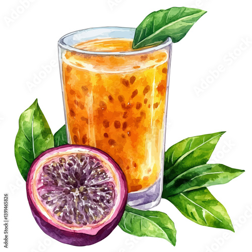 Passion Fruit Juice, watercolor illustration, isolated on a white background.

