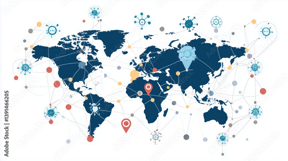 Fototapeta premium Graphic world map with viruses, symbolizing the global pandemic and medical threats.