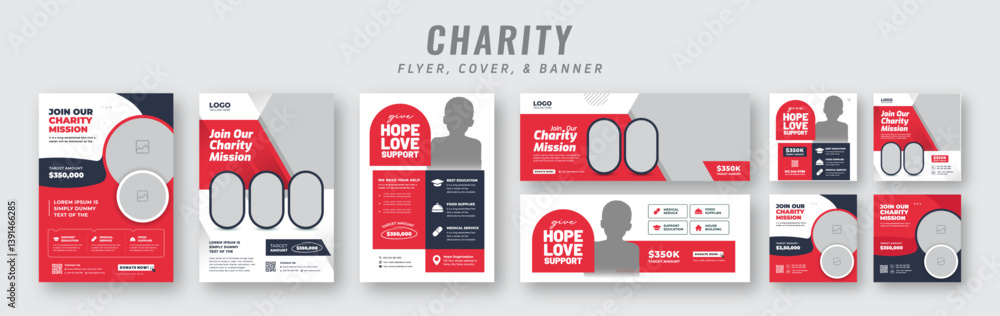 Obraz premium Charity flyer, banner & social media post bundle | Fundraising & donation campaign template | Nonprofit event promotion for social awareness & humanitarian aid