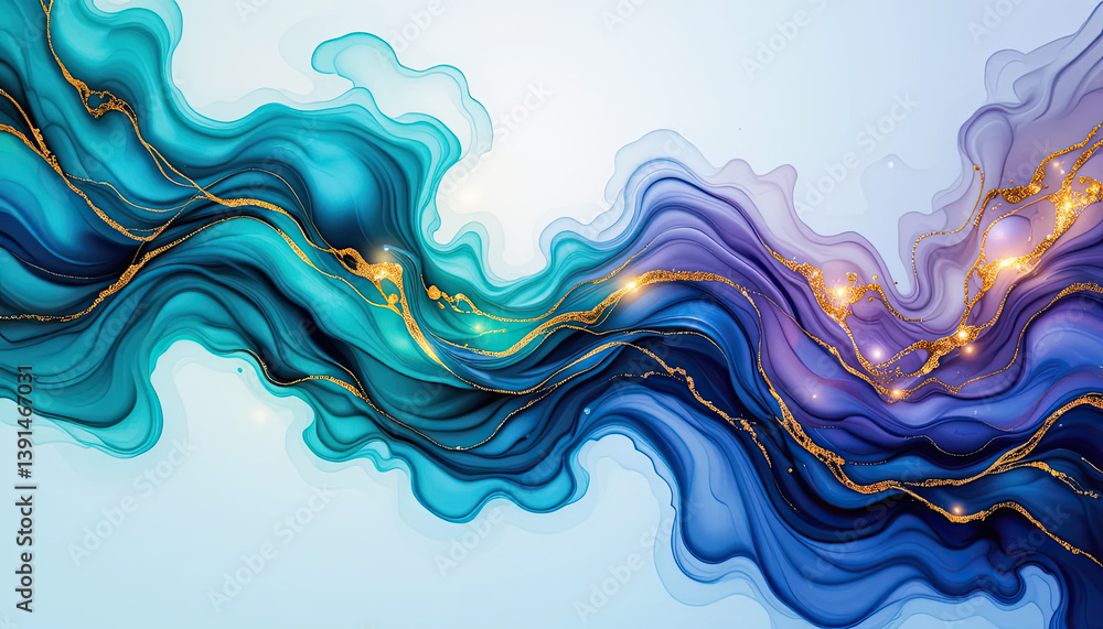 Abstract Fluid Ink Marble Background Teal Purple Gold Waves on White Wallpaper Art Abstract Fluid Ink Marble Background Teal Purple Gold Waves on White Wallpaper Art